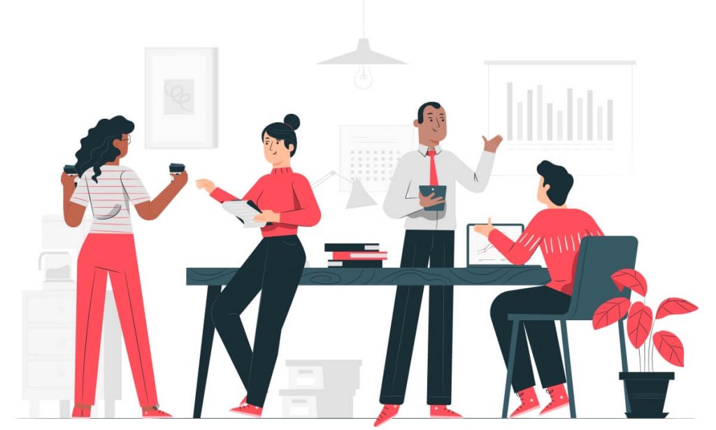 Imagem de colegas de emprego conversando, com a legenda "O plano de saúde contribui para dar segurança aos colaboradores"