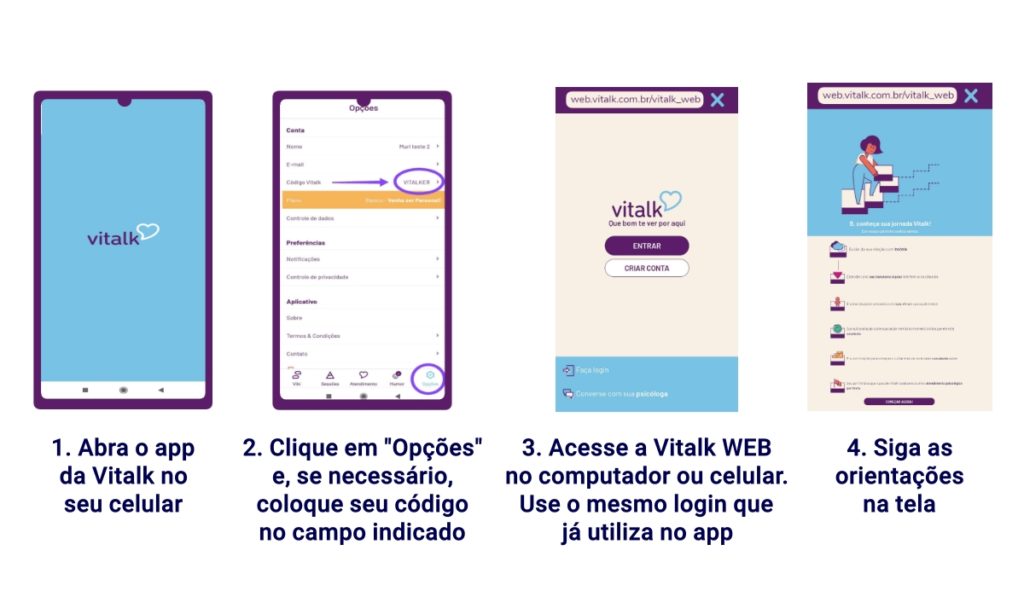 Passo a passo para quem já usa o app da Viltalk, mas não fez o check-up recomendado pelo Time de Saúde:
1. Abra o app da Vitalk no celular
2. Clique em "Opções" e, se necessário, coloque seu código no campo indicado
3. Acesse a Vitalk Web no computador ou celular, utilizando o mesmo login já usado no aplicativo. Endereço da Vitalk Web é https://web.vitalk.com.br/vitalk_web
4. Siga as orientações na tela