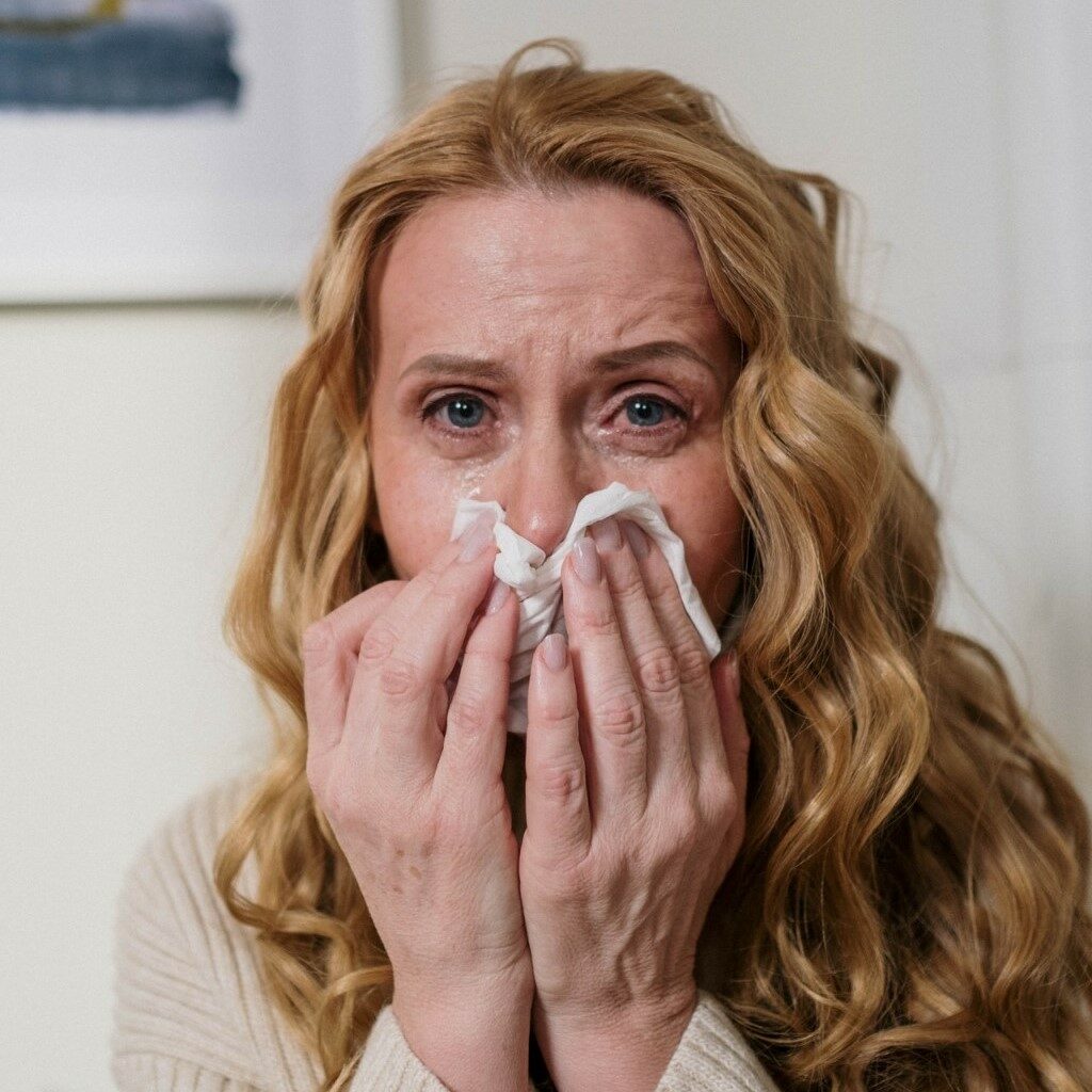 Mulher assoando o nariz com um lenço 