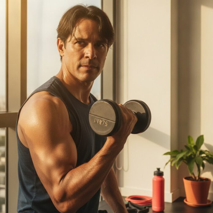 falso-magro-ou-obesidade-sarcopenica-perigos-perder-musculo-1 Homem fazendo treino de força com halteres em casa, luz natural