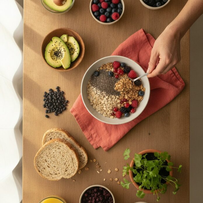 Tigela com aveia, chia, frutas vermelhas e alimentos ricos em fibra vista de cima