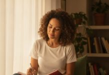 Como controlar a fome emocional e a ansiedade? Estratégias práticas para o seu bem-estar Mulher escrevendo em um diario perto da janela com uma xicara de cha
