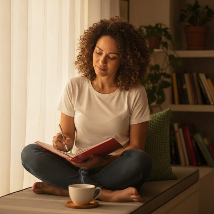 fome-emocional-ansiedade-controle-peso-1 Mulher escrevendo em um diario perto da janela com uma xicara de cha