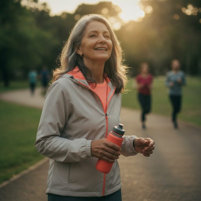 Mulher de meia idade caminhando energicamente em um parque